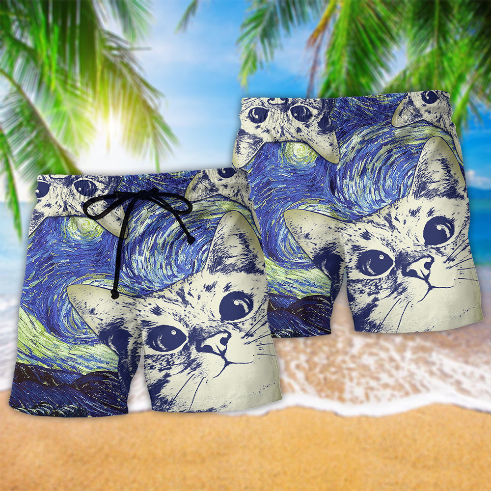 Cat Love Life With Blue Style - Beach Short - Owls Matrix LTD