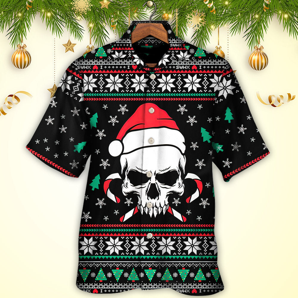 Christmas Skull Wearing Santa Claus Hat And Sweat Candy - Hawaiian Shirt - Owls Matrix LTD