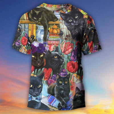 Black Cat Art With Flowers - Round Neck T-shirt - Owls Matrix LTD