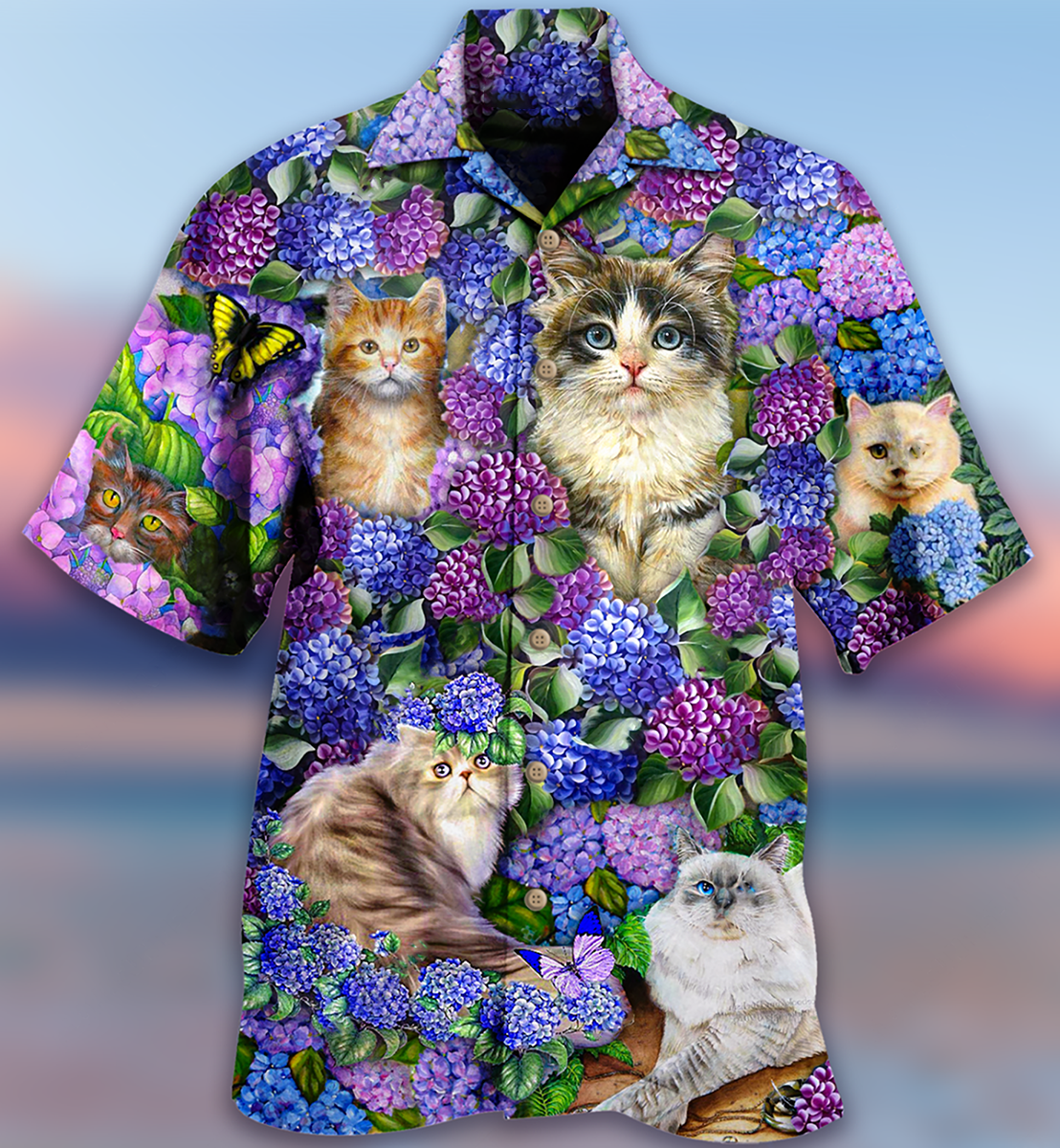 Cat Lovely And Purple Flowers - Hawaiian Shirt - Owls Matrix LTD