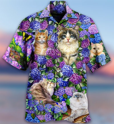 Cat Lovely And Purple Flowers - Hawaiian Shirt - Owls Matrix LTD