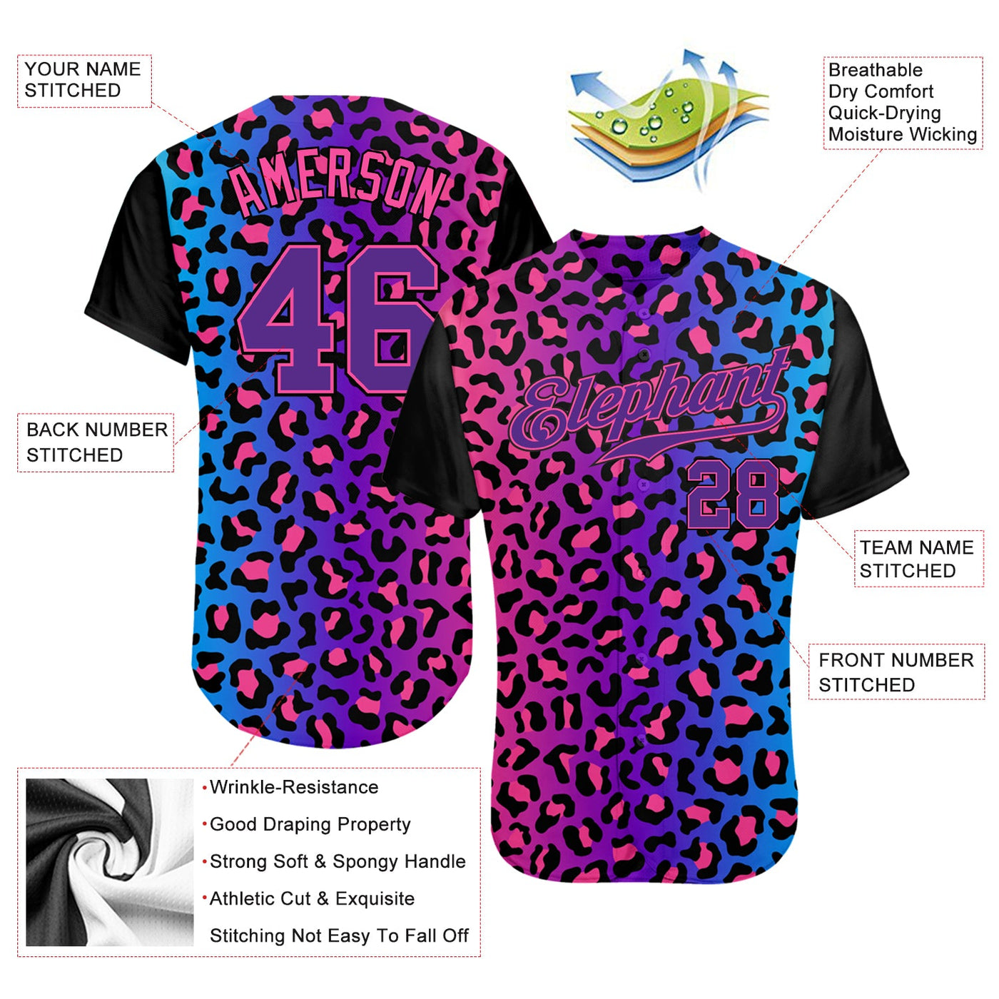 Custom Purple Purple-Pink 3D Pattern Design Leopard Authentic Baseball Jersey - Owls Matrix LTD