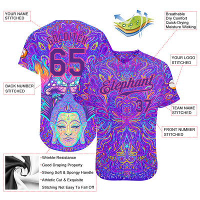 Custom 3D Pattern Design Sitting Buddha Over Colorful Neon Background Psychedelic Mushroom Composition Authentic Baseball Jersey - Owls Matrix LTD