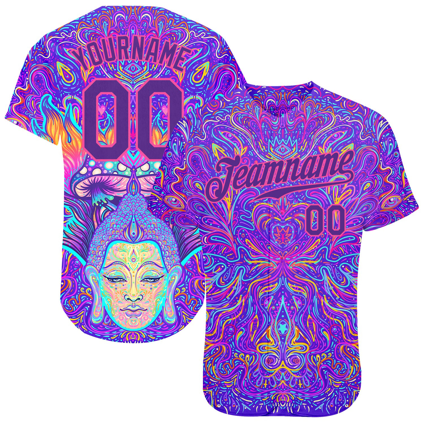 Custom 3D Pattern Design Sitting Buddha Over Colorful Neon Background Psychedelic Mushroom Composition Authentic Baseball Jersey - Owls Matrix LTD