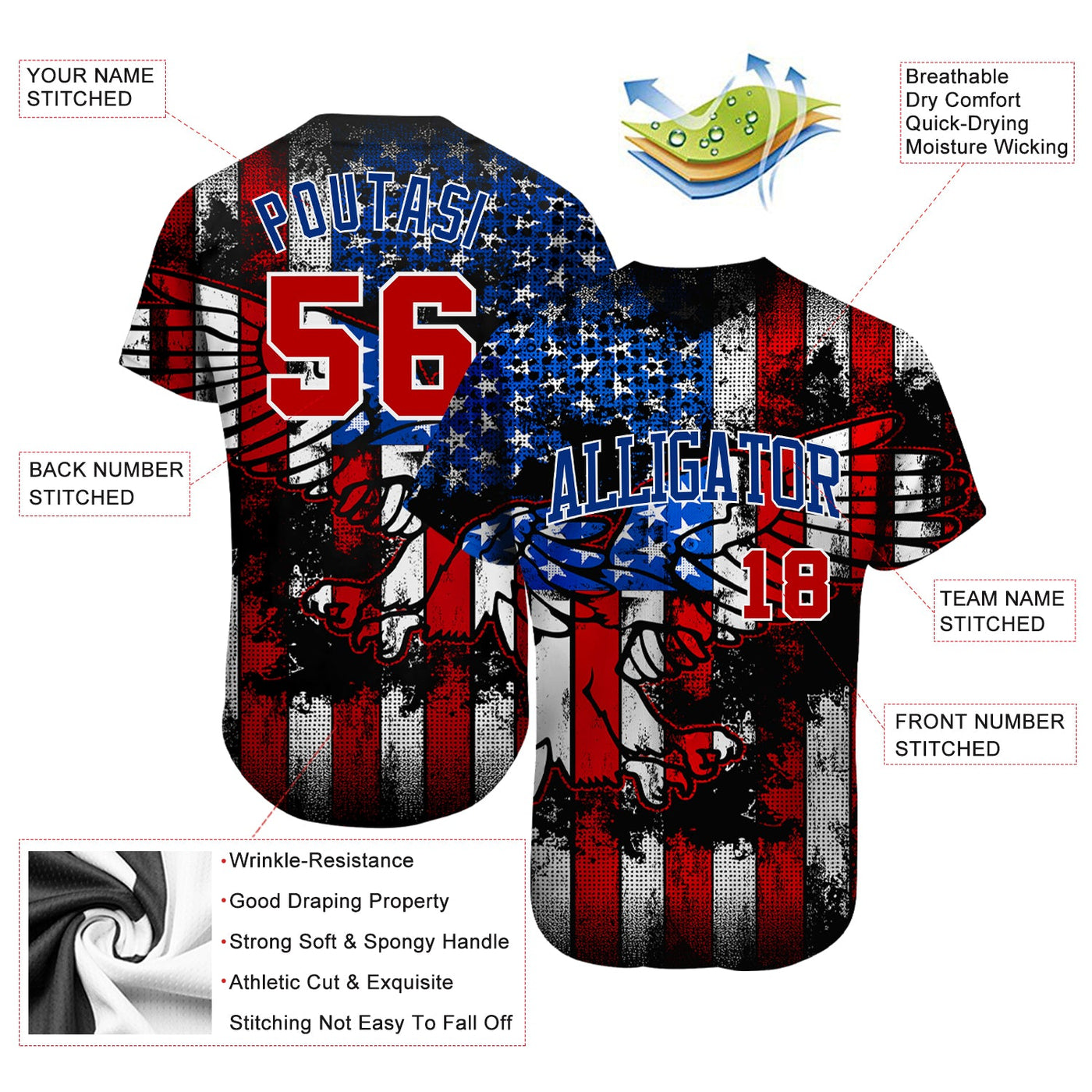 Custom Black Red Royal-White 3D Eagle American Flag Authentic Baseball Jersey - Owls Matrix LTD