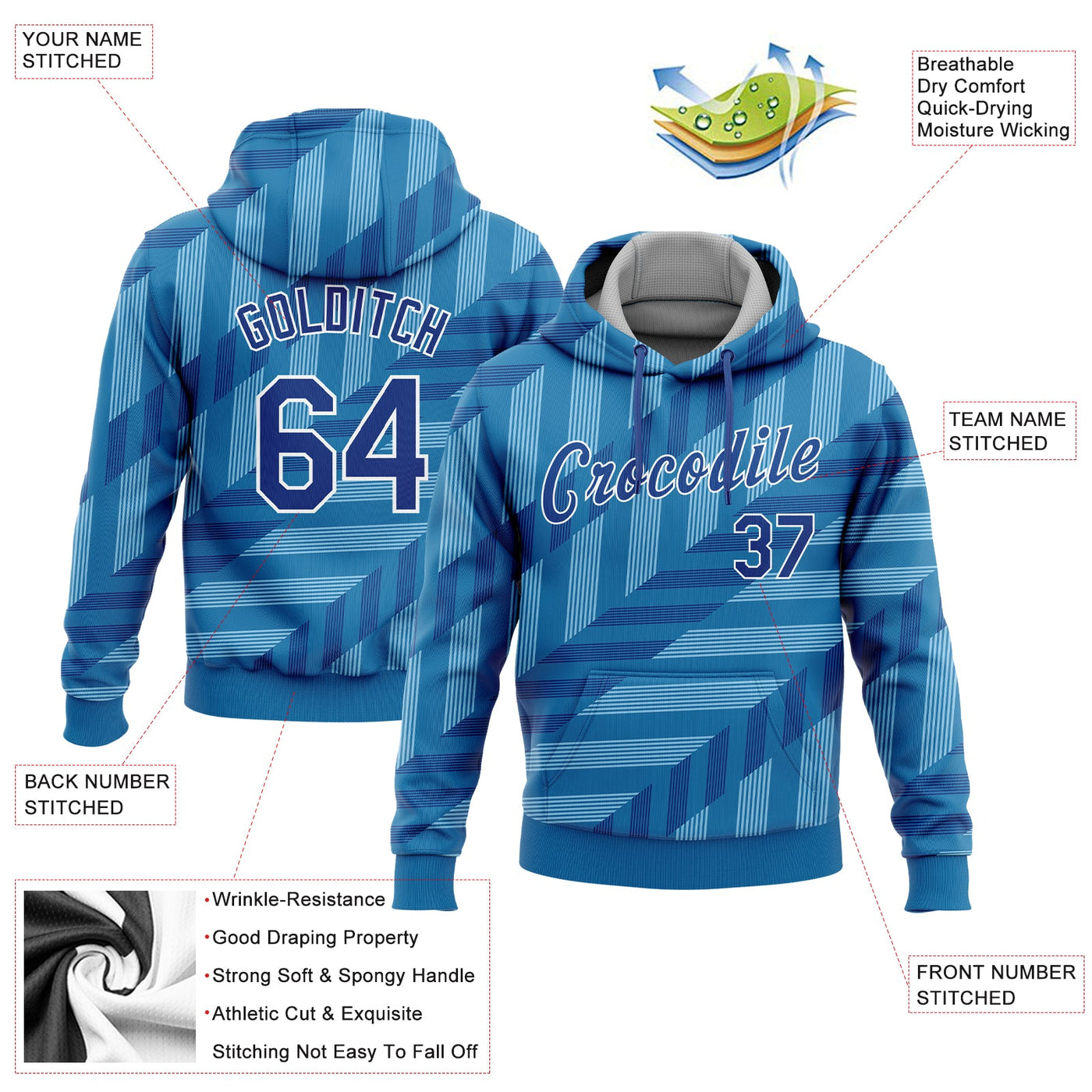 Custom Stitched Powder Blue Royal-White 3D Pattern Design Sports Pullover Sweatshirt Hoodie