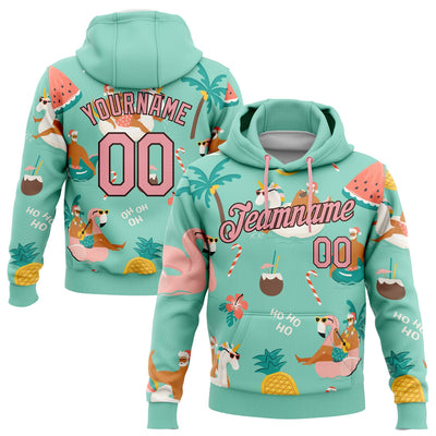 Custom Stitched Aqua Pink-Brown 3D Tropical Christmas Santas With Reindeers And Flamingos Sports Pullover Sweatshirt Hoodie