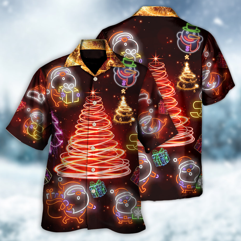 Christmas Funny Santa Claus Tree Red Neon Light Style - Hawaiian Shirt - Owls Matrix LTD