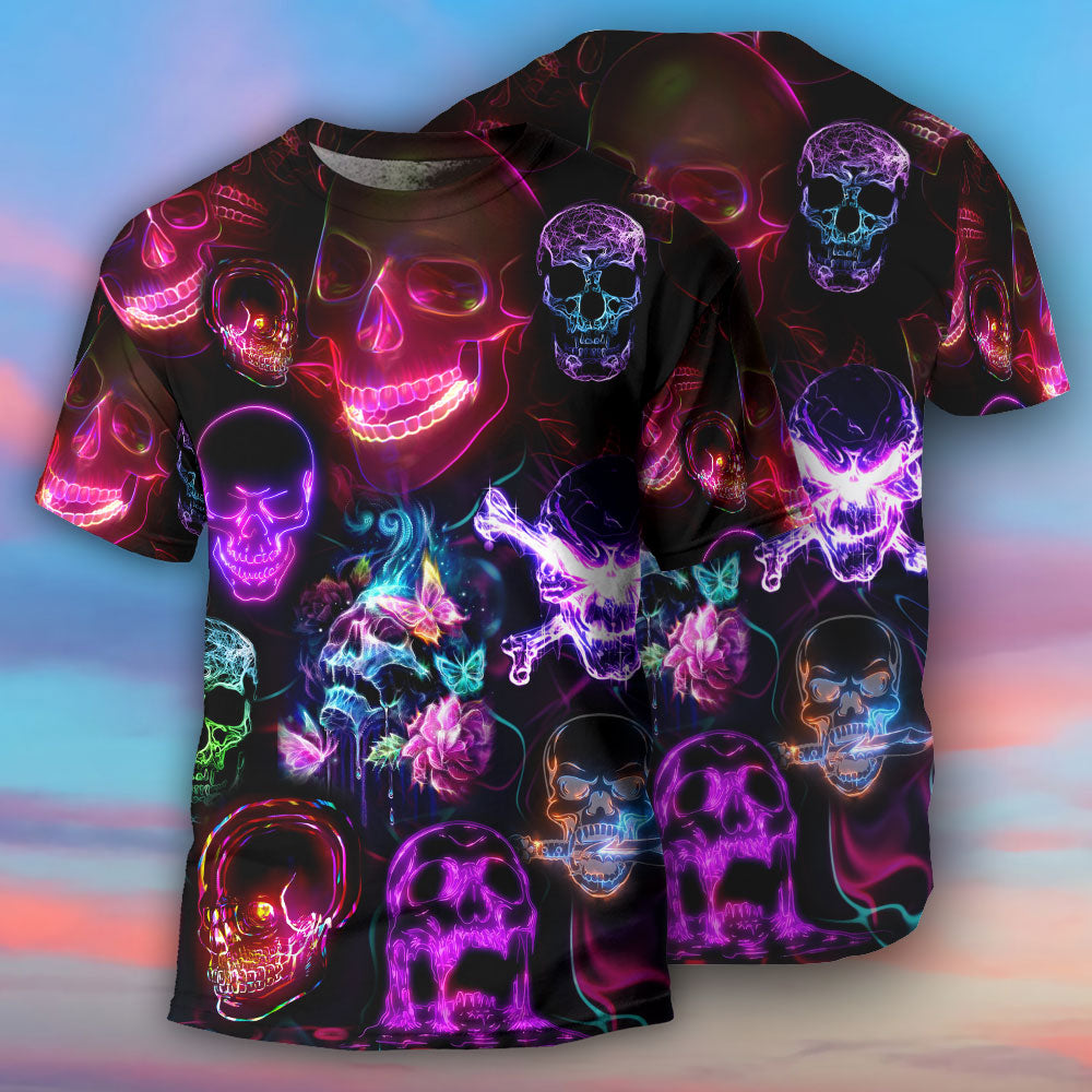 Skull Neon Art Happy Holiday - Round Neck T-shirt - Owls Matrix LTD