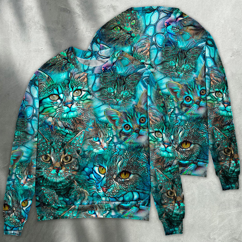 Cat Blue Art Lover Cat Colorful Style - Sweater - Ugly Christmas Sweaters - Owls Matrix LTD