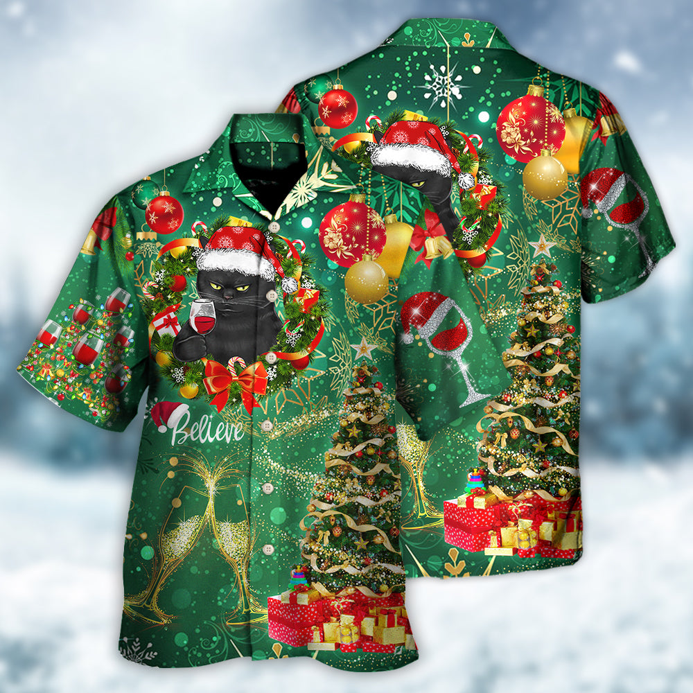 Christmas Black Cat Drinking Happy Christmas Tree Green Light - Hawaiian Shirt - Owls Matrix LTD