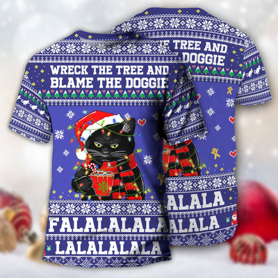 Black Cat Wreck The Tree Funny Christmas - Round Neck T-shirt - Owls Matrix LTD