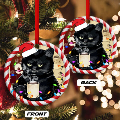 Christmas Cat Drink Coffee I Hate People - Circle Ornament - Owls Matrix LTD