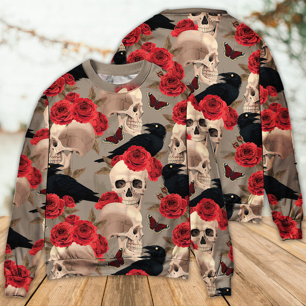 Skull With Rose Flower And Raven Gothic Style - Sweater - Ugly Christmas Sweaters - Owls Matrix LTD