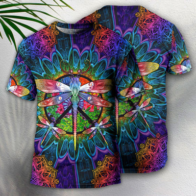 Hippie Colorful Dragonfly Mandala Peace Life - Round Neck T-shirt - Owls Matrix LTD