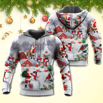 Christmas Santa Claus With Snowman Family In The Town Art Style - Hoodie - Owls Matrix LTD