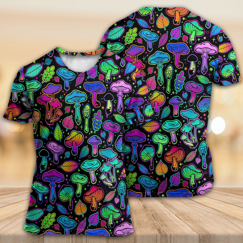 Mushroom Neon Colorful Bright With Leaf - Round Neck T-shirt - Owls Matrix LTD