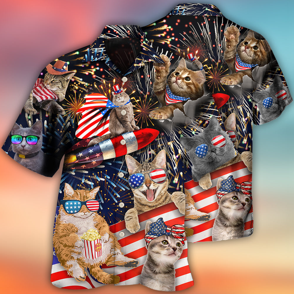 Cat Independence Day Happy Firework - Hawaiian Shirt - Owls Matrix LTD