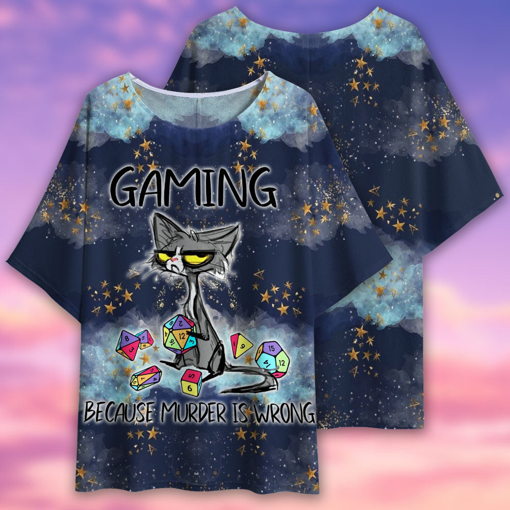 Black Cat Gaming Because Murder Is Wrong - Women's T-shirt With Bat Sleeve - Owls Matrix LTD