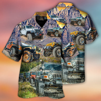 Jeep In The Mountain Sunset Vintage Art Style - Hawaiian Shirt - Owls Matrix LTD