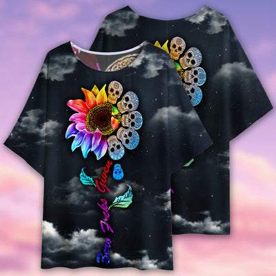 Skull Sunflower Colorful Sky Night - Women's T-shirt With Bat Sleeve - Owls Matrix LTD