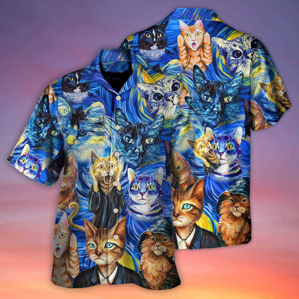 Cat Starry Night Funny Cat Painting Art Style - Hawaiian Shirt - Owls Matrix LTD