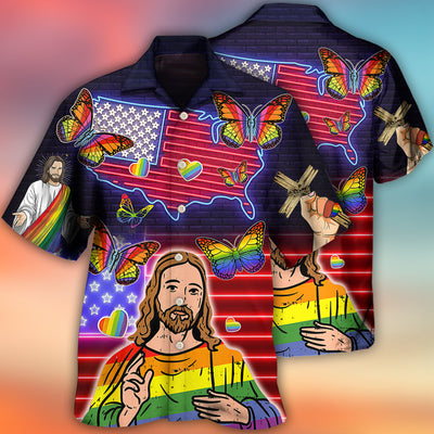 LGBT Independence Day Jesus Butterfly Neon - Hawaiian Shirt - Owls Matrix LTD