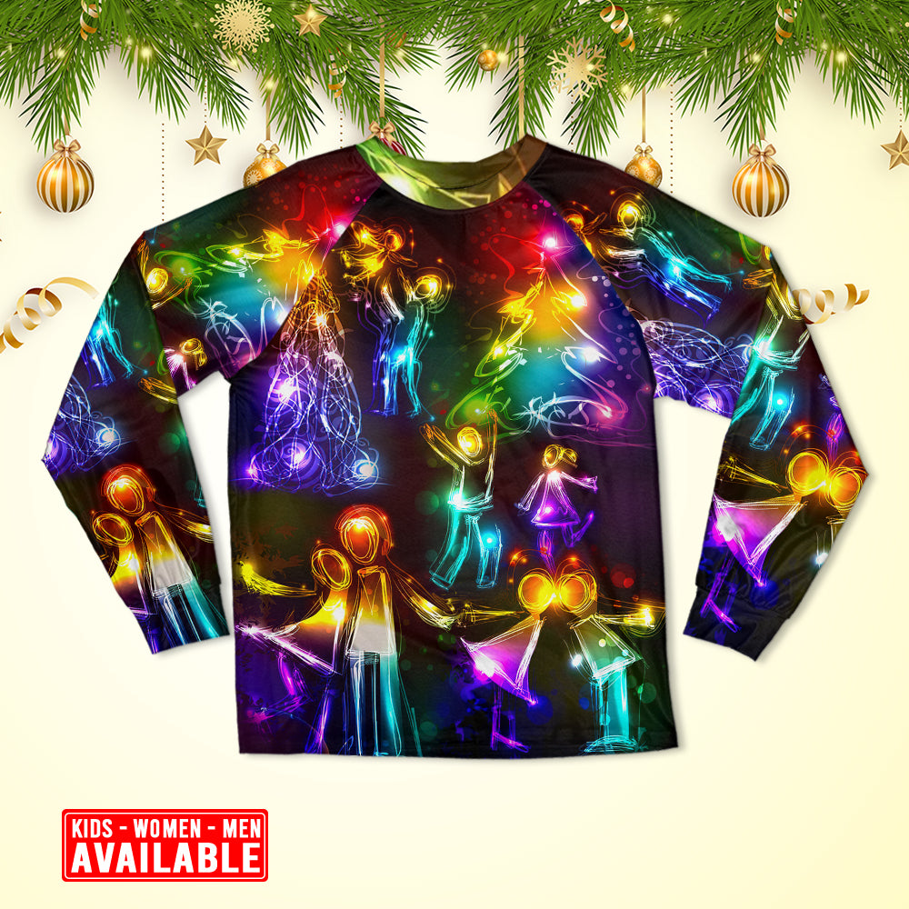 Christmas Family Happy Love Tree Neon Light Style - Pajamas Long Sleeve - Owls Matrix LTD