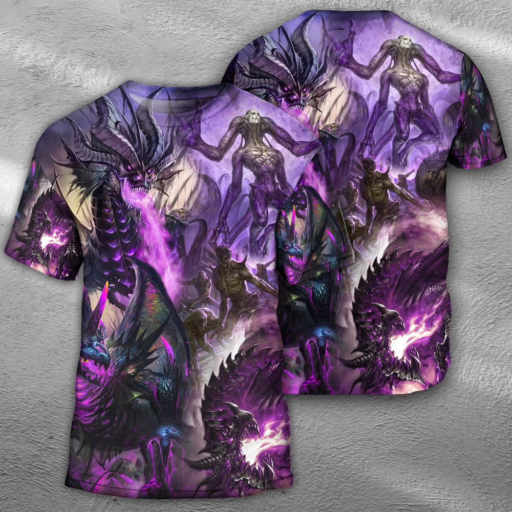 Dragon Purple Skull Monster Lightning Fight Art Style - Round Neck T-shirt - Owls Matrix LTD
