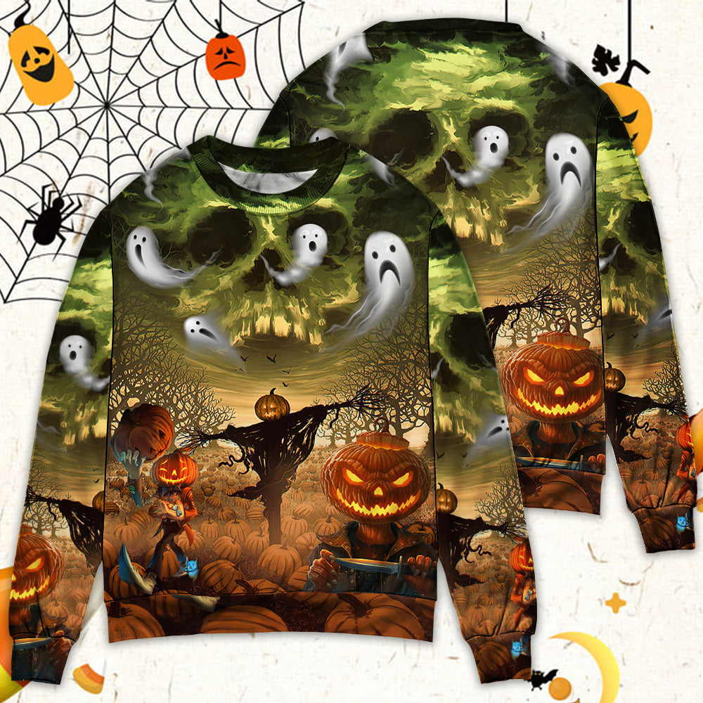 Halloween Pumpkin Crazy Ghost Style - Sweater - Ugly Christmas Sweaters - Owls Matrix LTD
