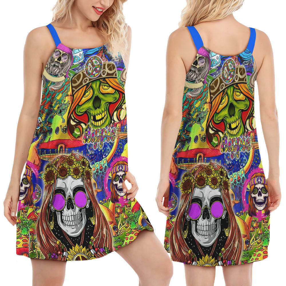 Hippie Skull Rock And Roll - Women's Sleeveless Cami Dress - Owls Matrix LTD