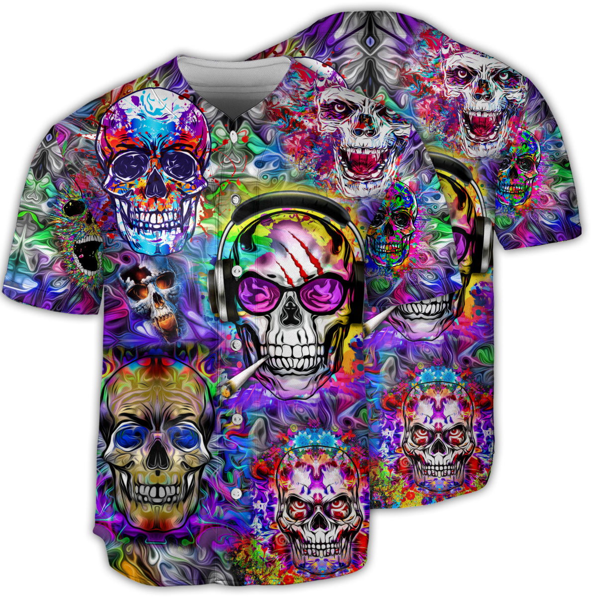 Hippie Skull Hippie Color Flowers - Baseball Jersey - Owls Matrix LTD