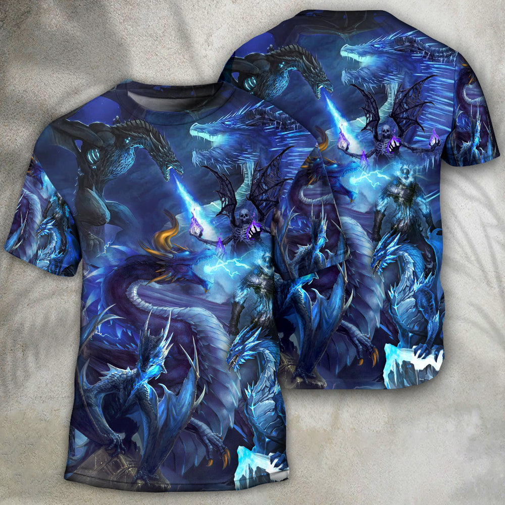 Dragon Blue Skull Fire Lightning Art Style - Round Neck T-shirt - Owls Matrix LTD