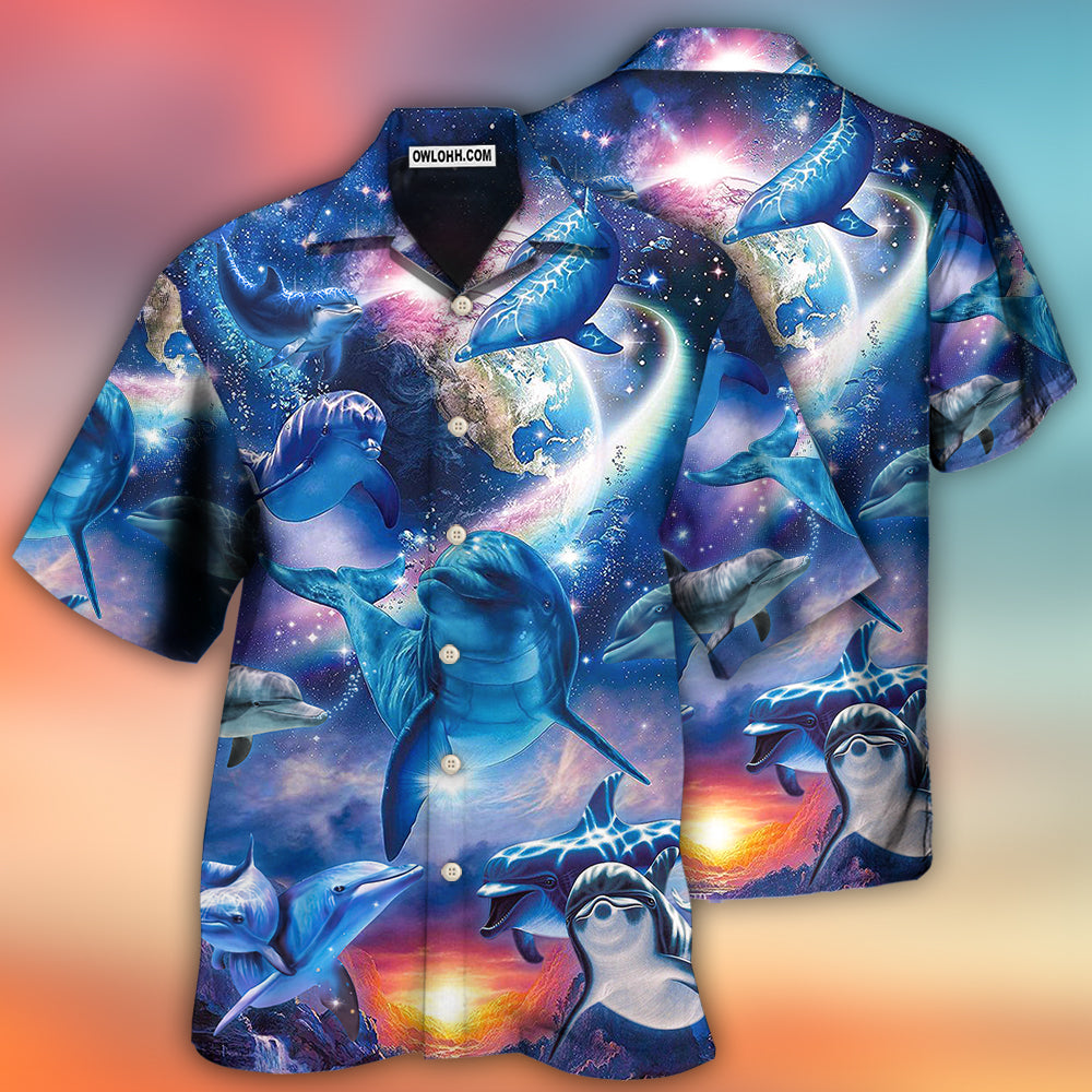 Dolphin Galaxy Blue Glow Style - Hawaiian Shirt - Owls Matrix LTD