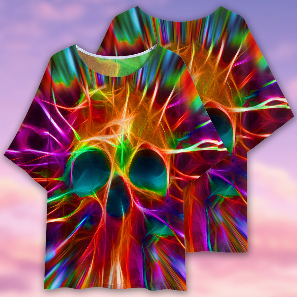 Skull Rainbow Color Love Style - Women's T-shirt With Bat Sleeve - Owls Matrix LTD