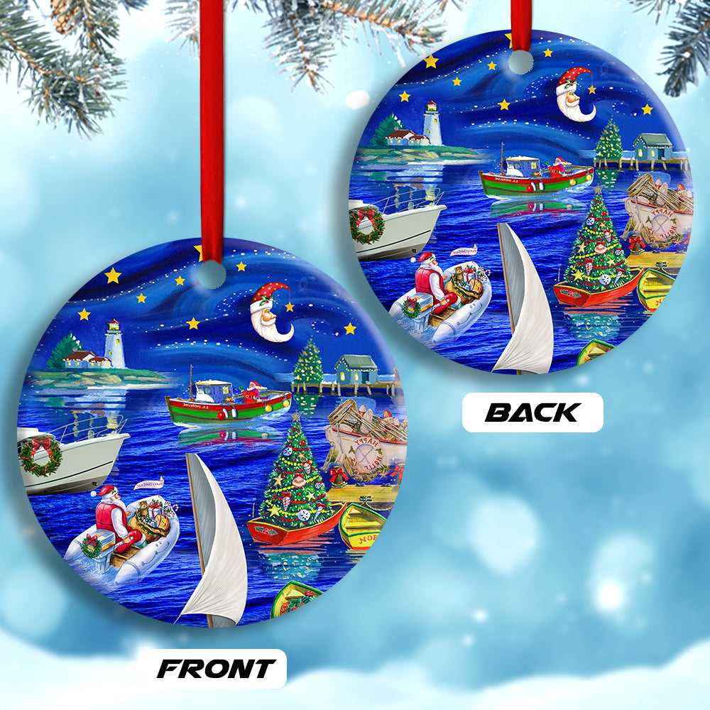 Christmas Boat Merry Xmas And Happy New Year - Circle Ornament - Owls Matrix LTD