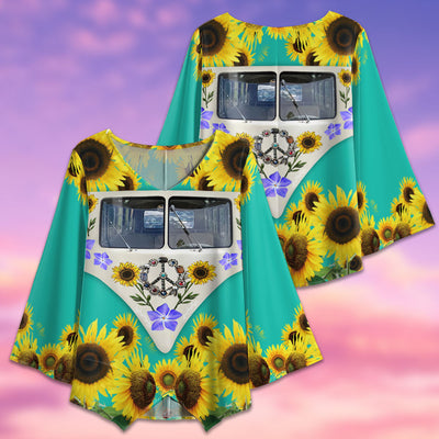 Hippie Peace Bus With Sunflowers - V-neck T-shirt - Owls Matrix LTD