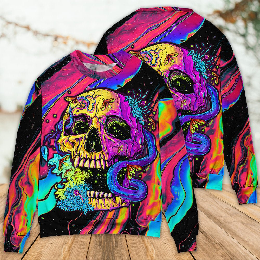 Skull And moth Night Butterfly Neon Style - Sweater - Ugly Christmas Sweaters - Owls Matrix LTD