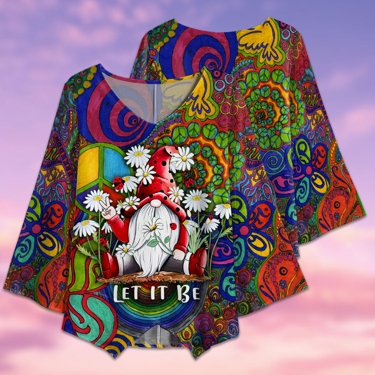 Hippie Gnome With Daisy Let It Be - V-neck T-shirt - Owls Matrix LTD