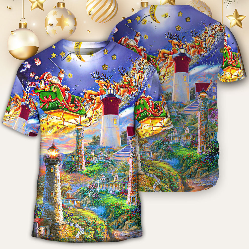 Lighthouse Christmas Santa Home The Light Is - Round Neck T-shirt - Owls Matrix LTD
