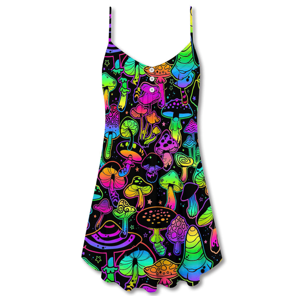 Mushroom Stunning Neon Magic Amazing Style - V-neck Sleeveless Cami Dress - Owls Matrix LTD
