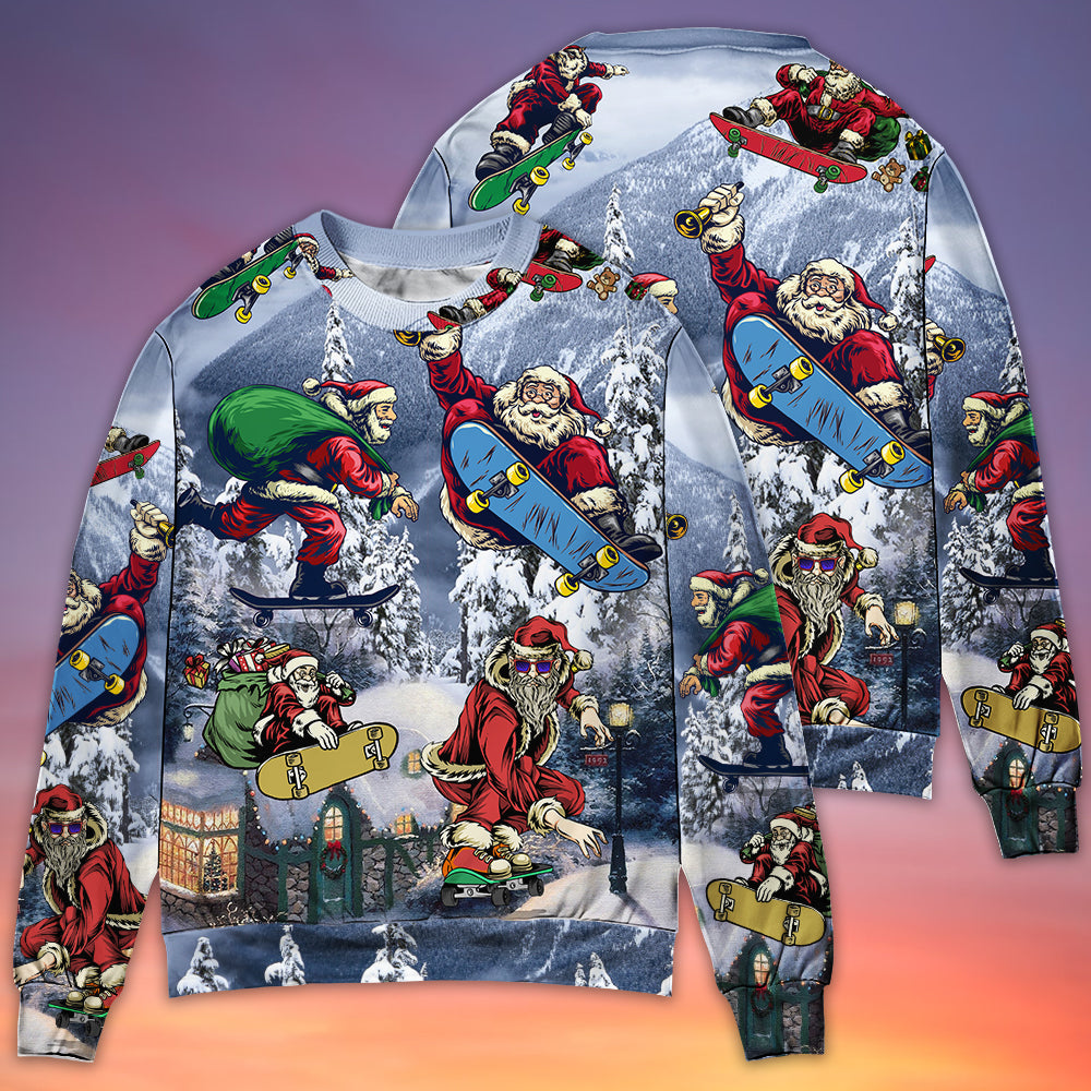 Christmas Santa Claus Skateboarding Snow Mountain Gift Light Art Style - Sweater - Ugly Christmas Sweaters - Owls Matrix LTD