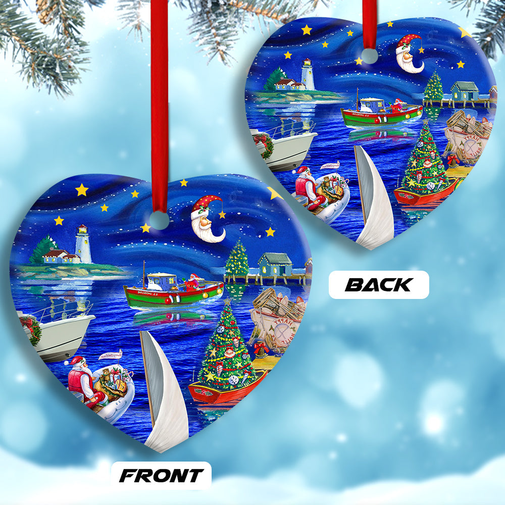 Christmas Boat Merry Xmas And Happy New Year - Heart Ornament - Owls Matrix LTD