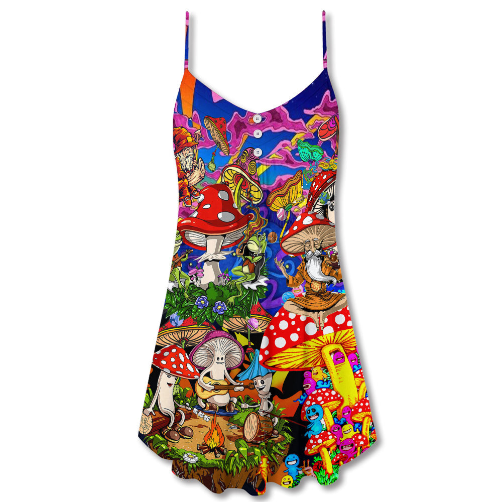 Hippie Mushroom Happy Together - V-neck Sleeveless Cami Dress - Owls Matrix LTD