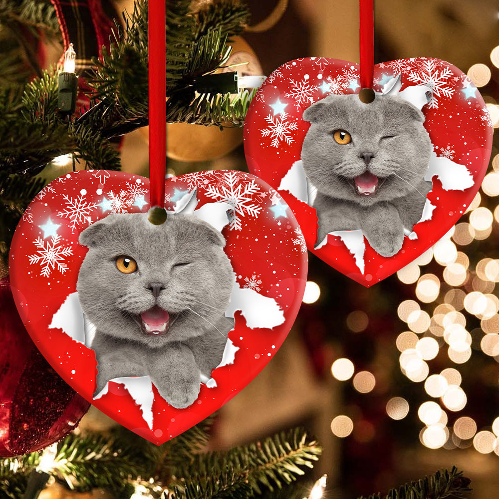Christmas Cat Funny Kitten Red Background Winter Snowy - Heart Ornament - Owls Matrix LTD