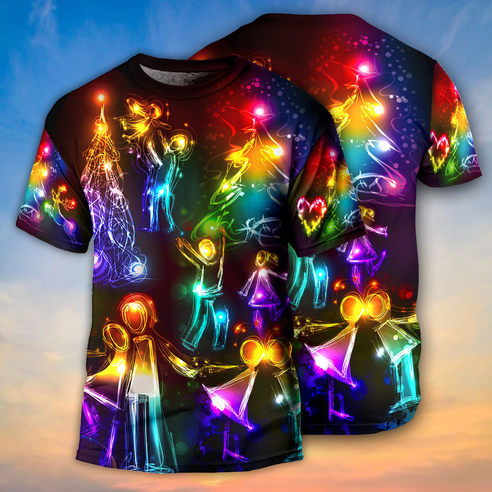 Christmas Family Happy Love Tree Neon Light Style - Round Neck T-shirt - Owls Matrix LTD