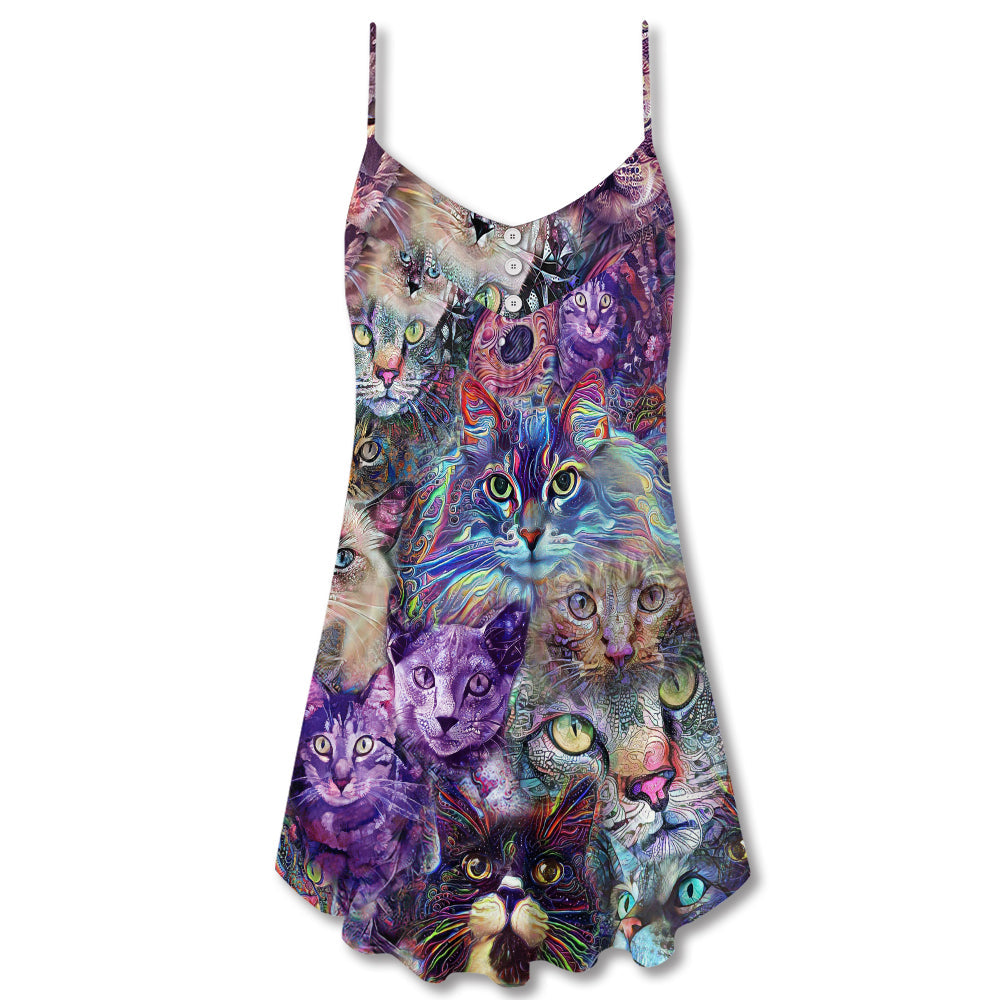 Cat Psychedelic Purple Style - V-neck Sleeveless Cami Dress - Owls Matrix LTD