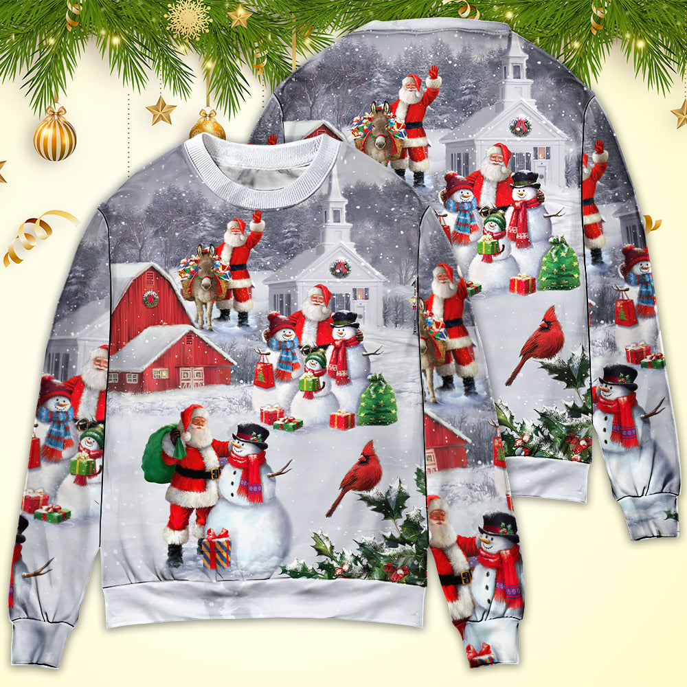Christmas Santa Claus With Snowman Family In The Town Art Style - Sweater - Ugly Christmas Sweaters - Owls Matrix LTD