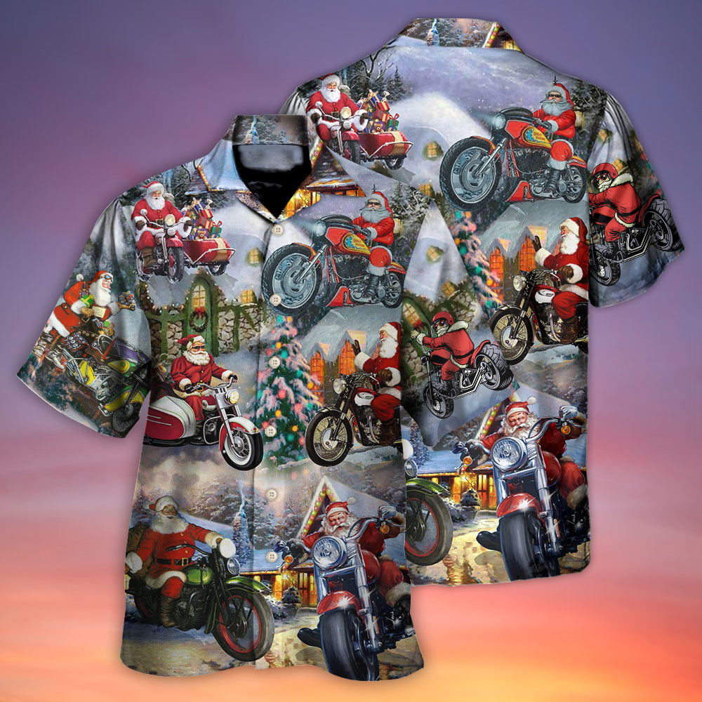 Christmas Santa Claus Driving Motorcycle Bike Gift Light Art Style - Hawaiian Shirt - Owls Matrix LTD