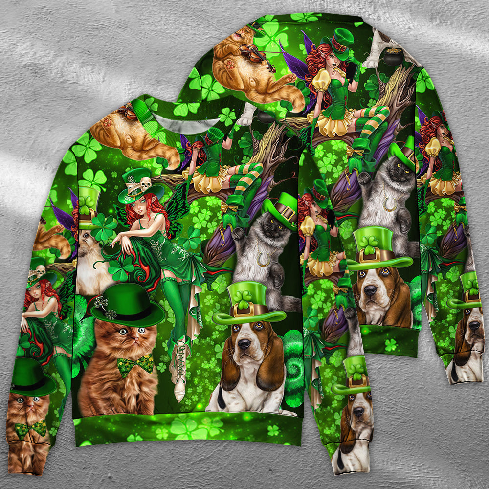 Irish Cat Girl St Patrick's Day Green Light - Sweater - Ugly Christmas Sweaters - Owls Matrix LTD